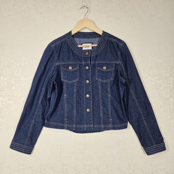 VTG Live A Little Denim Jacket sz L Blue Snap Front Pockets Fitted Top Stitched - Picture 16 of 16